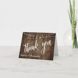 Rustic Brown Wood, White Light Strings Thank You Card