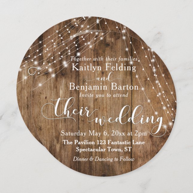 Rustic Brown Wood, White Light Strings Wedding 2c Invitation (Front/Back)