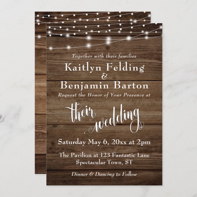 Rustic Brown Wood White Lights & Script, Wedding 2 Invitation (Front/Back)