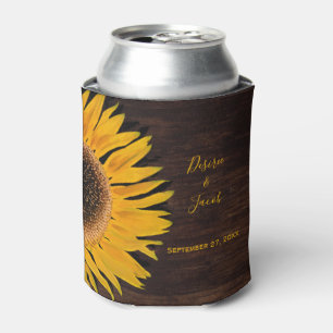 Rustic Brown Wood Yellow Sunflower Wedding Can Cooler