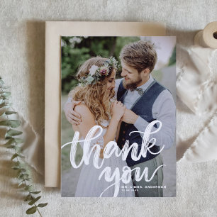 Rustic Brush Lettering Overlay Photo Wedding Thank You Card