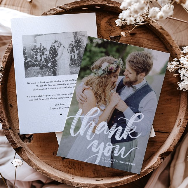 Rustic Brush Lettering Overlay Photo Wedding Thank You Card (Creator Uploaded)