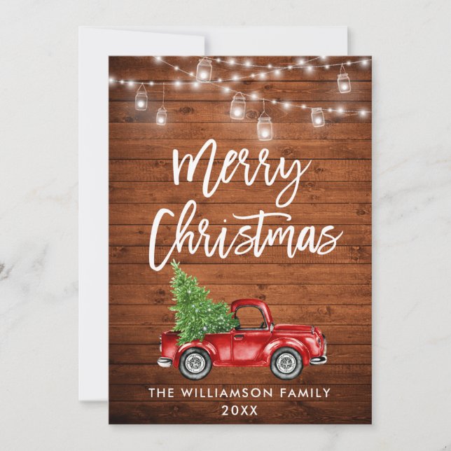 Rustic Brush Script Lights Vintage Truck Christmas Holiday Card (Front)