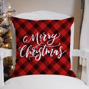 Rustic Brush Script Merry Christmas Red Plaid Cushion