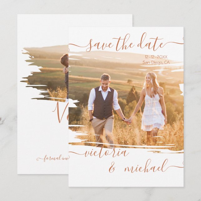 Rustic Brush stroke Wedding Photo Save the date Invitation (Front/Back)