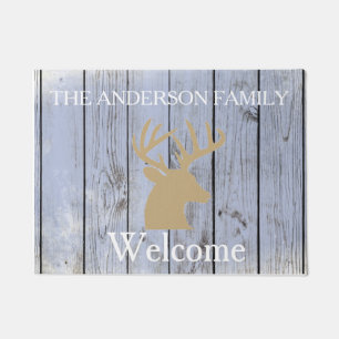 Rustic Buck Antlers Wood Personalised Door Mat