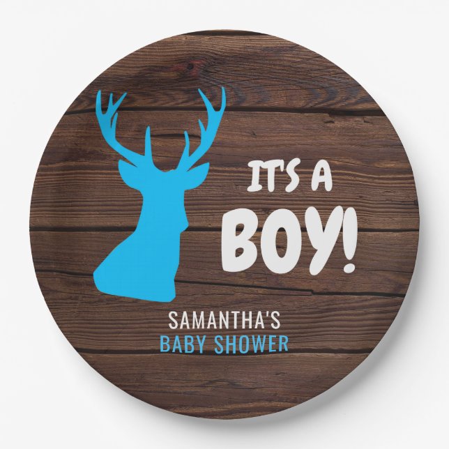 Rustic Buck Deer Wood IT'S A BOY Baby Shower Paper Plate (Front)