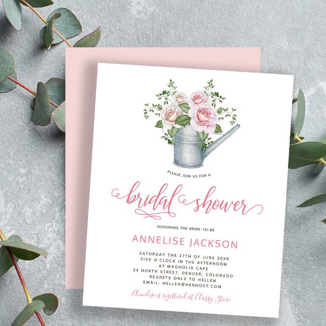 Rustic BUDGET pink floral bridal shower invitation (Creator Uploaded)