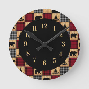 Rustic Buffalo Check Bears Trees Wood Red Black Round Clock