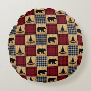 Rustic Buffalo Check Bears Trees Wood Red Black Round Cushion