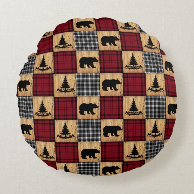 Rustic Buffalo Check Bears Trees Wood Red Black Round Cushion (Front)
