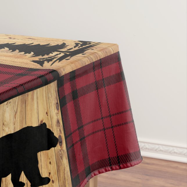 Rustic Buffalo Check Bears Trees Wood Red Black Tablecloth (In Situ)