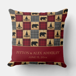 Rustic Buffalo Check Bears Wedding Anniversary Cushion
