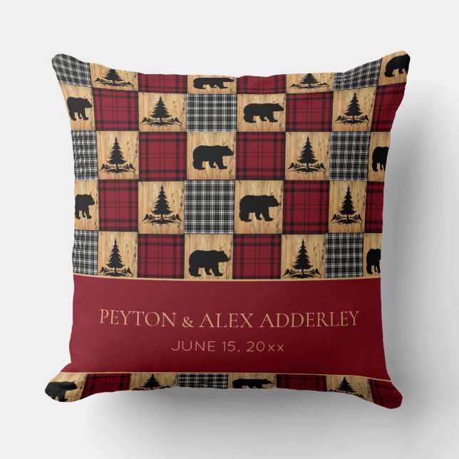 Rustic Buffalo Check Bears Wedding Anniversary Cushion (Front)
