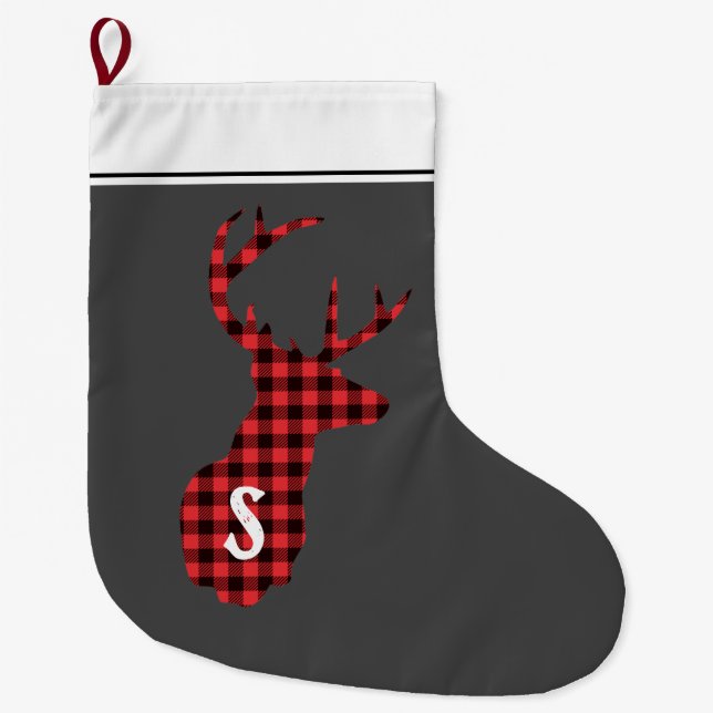 Rustic Buffalo Check Deer Red Black Monogram Large Christmas Stocking (Front)