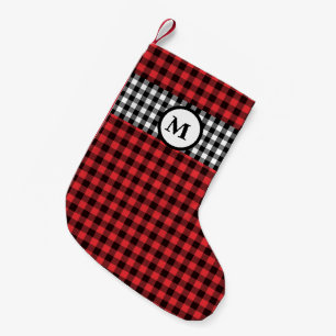 Rustic buffalo check gingham black & red monogram small christmas stocking