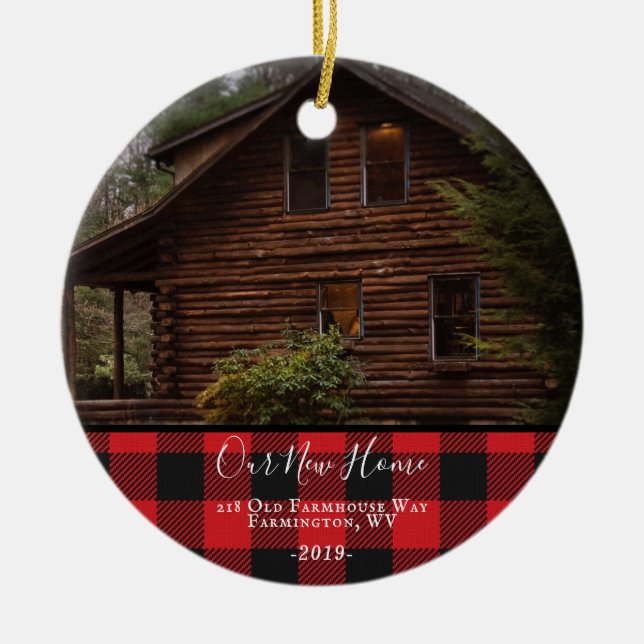 Rustic Buffalo Check NEW HOME Photo Christmas Ceramic Ornament (Front)