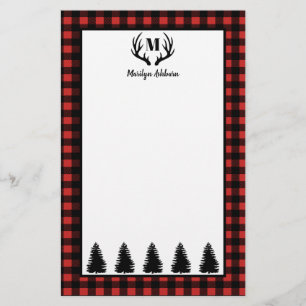 Rustic Buffalo Check Plaid & Black Forest & Antler Stationery