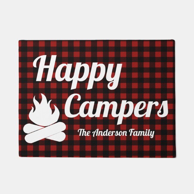 Rustic Buffalo Check Plaid Campfire Happy Campers Doormat (Front)