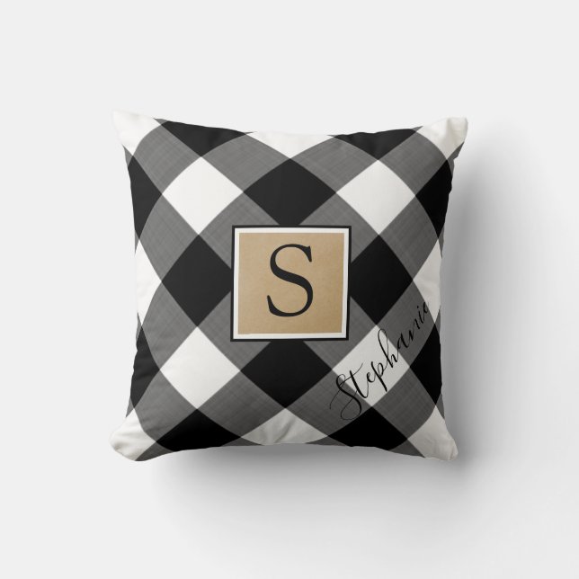 Rustic Buffalo Check Plaid Monogram Script Name Cushion (Front)