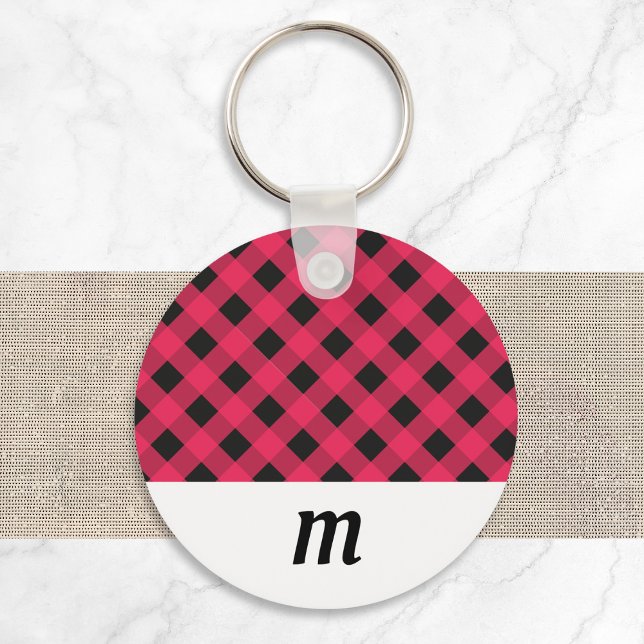 Rustic Buffalo Check Plaid Monogrammed Christmas Key Ring (A keyring with red and black buffalo check pattern, and a white section to customize with a monogram)