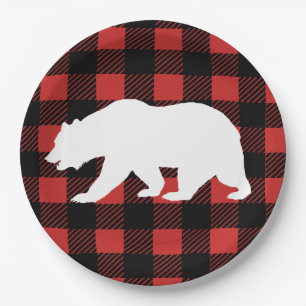 Rustic Buffalo Check Plaid & White Bear Silhouette Paper Plate