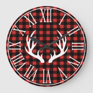 Rustic Buffalo Check Plaid & White Deer Antlers Large Clock