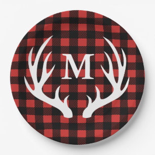 Rustic Buffalo Check Plaid & White Deer Antlers Paper Plate