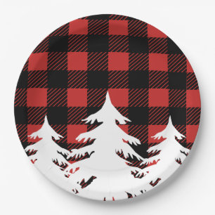 Rustic Buffalo Check Plaid & White Forest Trees Paper Plate