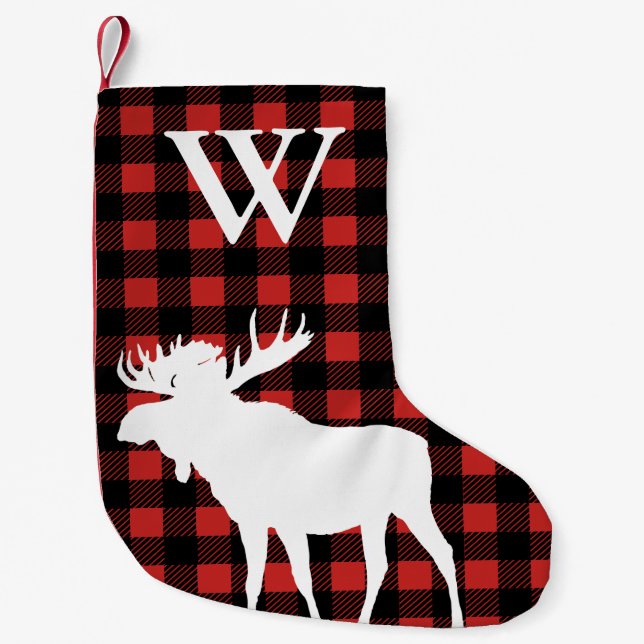 Rustic Buffalo Check Plaid & White Moose Small Christmas Stocking (Front)