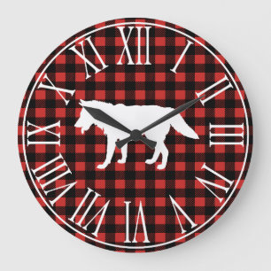 Rustic Buffalo Check Plaid & White Wolf Silhouette Large Clock