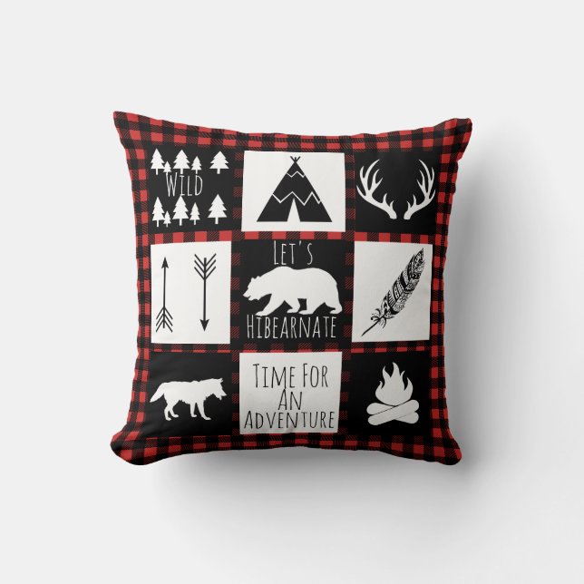 Rustic Buffalo Check Plaid & Wilderness Animals Cushion (Front)