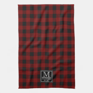 Rustic Buffalo Checks   Plaid Monogram Name Year K Tea Towel