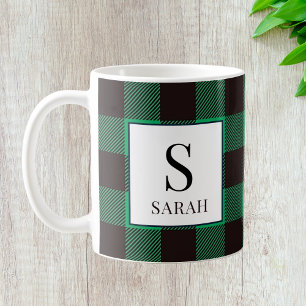 Rustic Buffalo Green & Black Plaid Monogram Name Coffee Mug