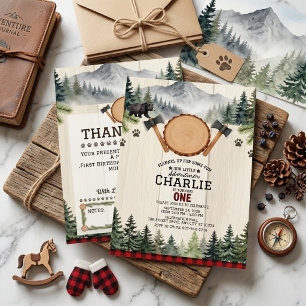 Rustic Buffalo Plaid 1st Birthday Mountain Woods Invitation
