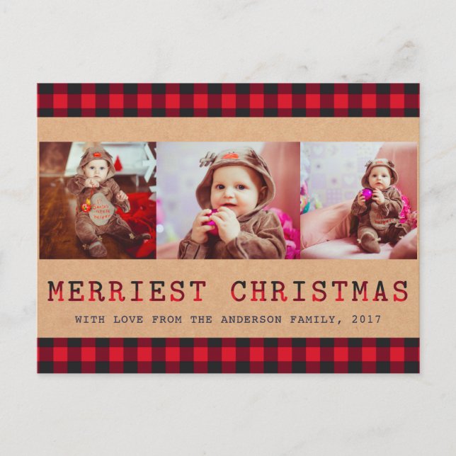 Rustic Buffalo Plaid | 3 Photo Christmas Greeting Holiday Postcard (Front)