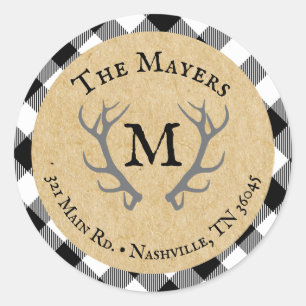 Rustic Buffalo Plaid Antler Monogram Address Classic Round Sticker