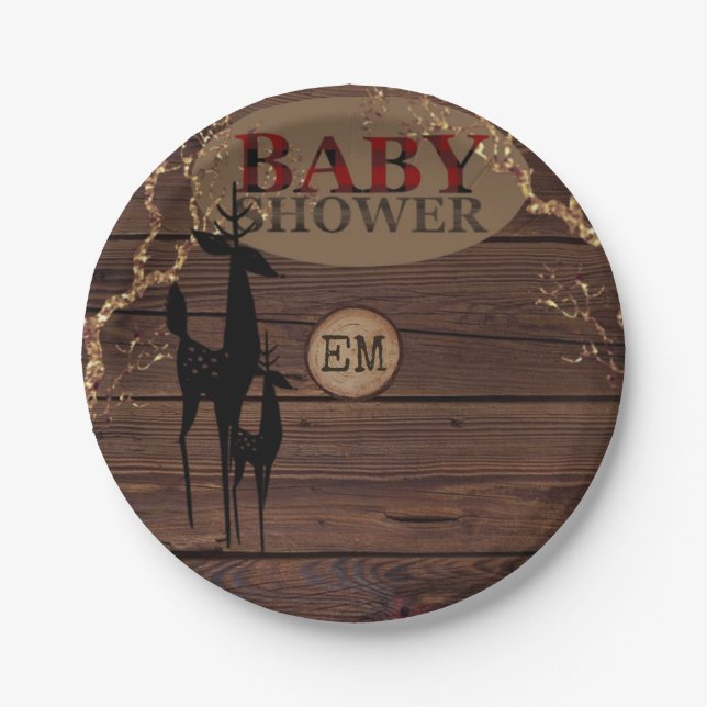 Rustic Buffalo Plaid Baby Shower Personalised Paper Plate (Front)