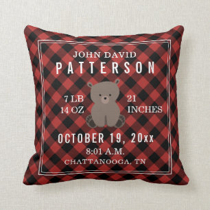 Rustic Buffalo Plaid Bear Baby Birth Stats Nursery Cushion