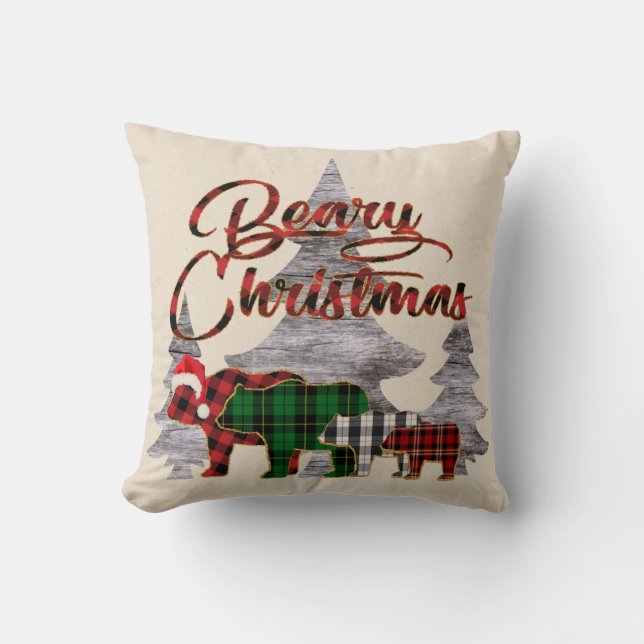 Rustic Buffalo Plaid Bears Berry Christmas Cushion (Front)