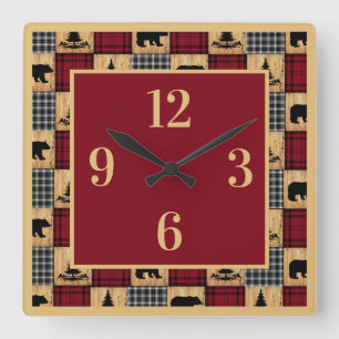 Rustic Buffalo Plaid Bears Trees Wood Red Black Square Wall Clock