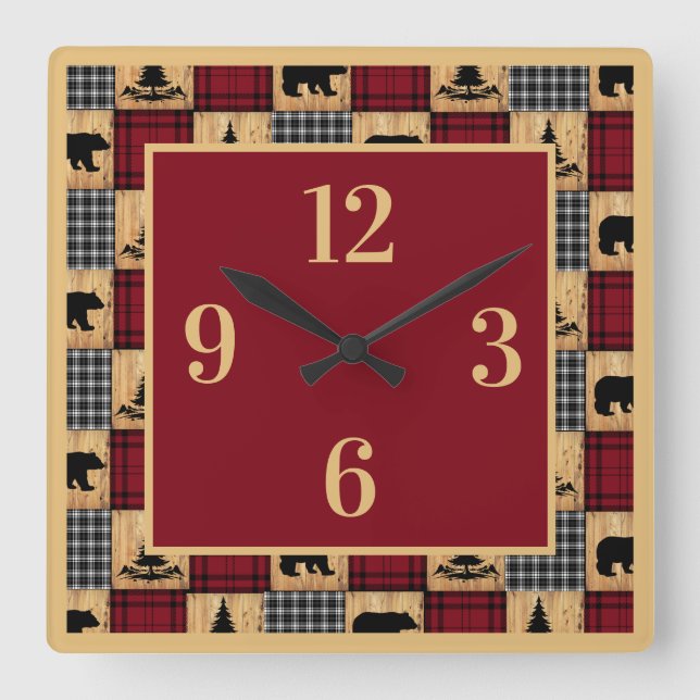 Rustic Buffalo Plaid Bears Trees Wood Red Black Square Wall Clock (Front)