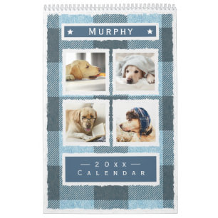 Rustic Buffalo Plaid Blue Dog Pet 2023 Calendar