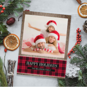 Rustic Buffalo Plaid Burlap Holiday Photo Postcard