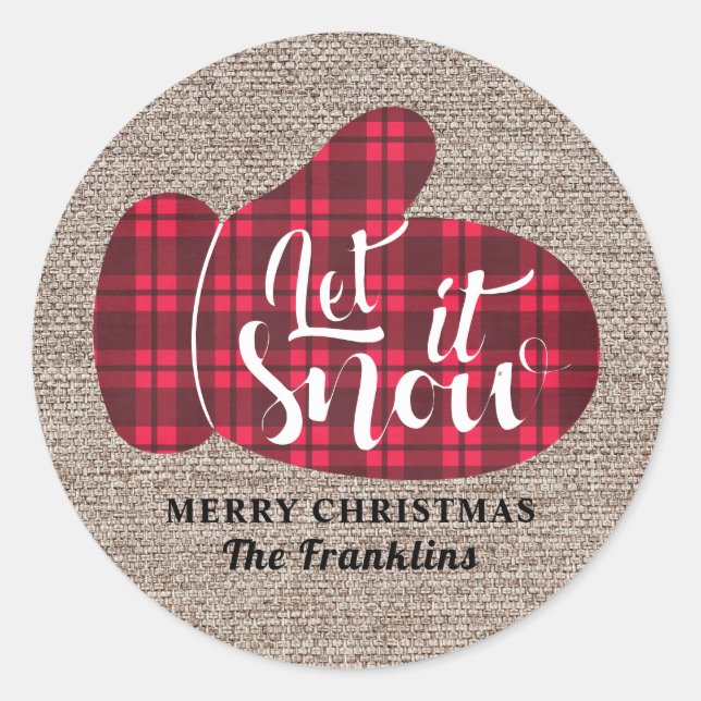 Rustic Buffalo Plaid Burlap Let It Snow Christmas  Classic Round Sticker (Front)