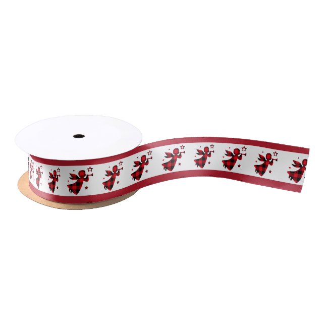 Rustic Buffalo Plaid Christmas Angel Red White Satin Ribbon (Spool)