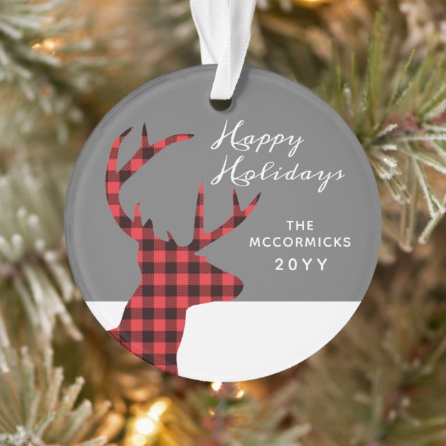 Rustic Buffalo Plaid Christmas Deer Personalised Ornament (Tree)