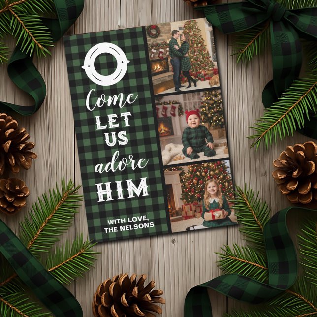 Rustic Buffalo Plaid Come Let Us Adore Him Photo Holiday Card (Creator Uploaded)