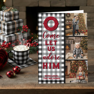 Rustic Buffalo Plaid Come Let Us Adore Him Photo Holiday Card