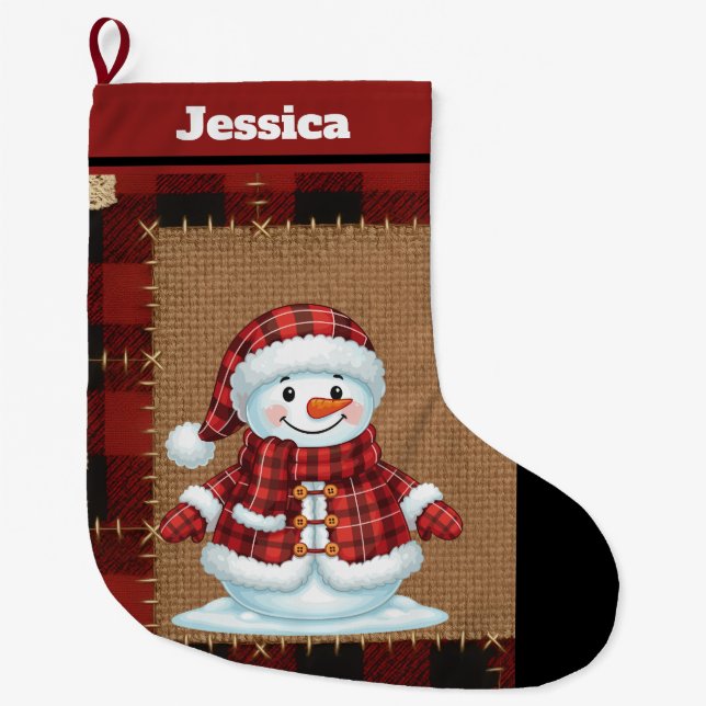 Rustic Buffalo Plaid Custom Name Snowman Large Christmas Stocking (Front)
